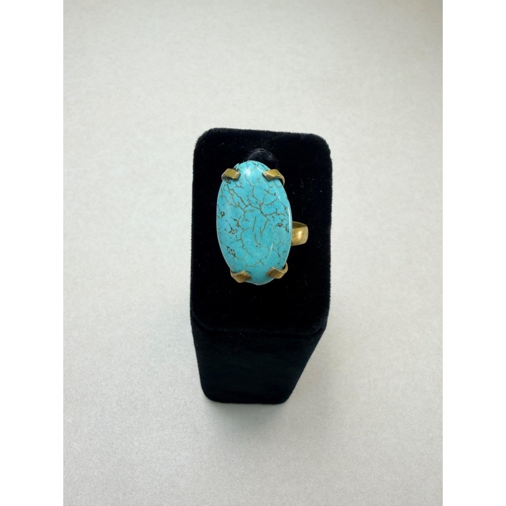 Vintage Brass Ring With Oval Turquoise Gemstone Size 6-7 Boho Style Jewelry